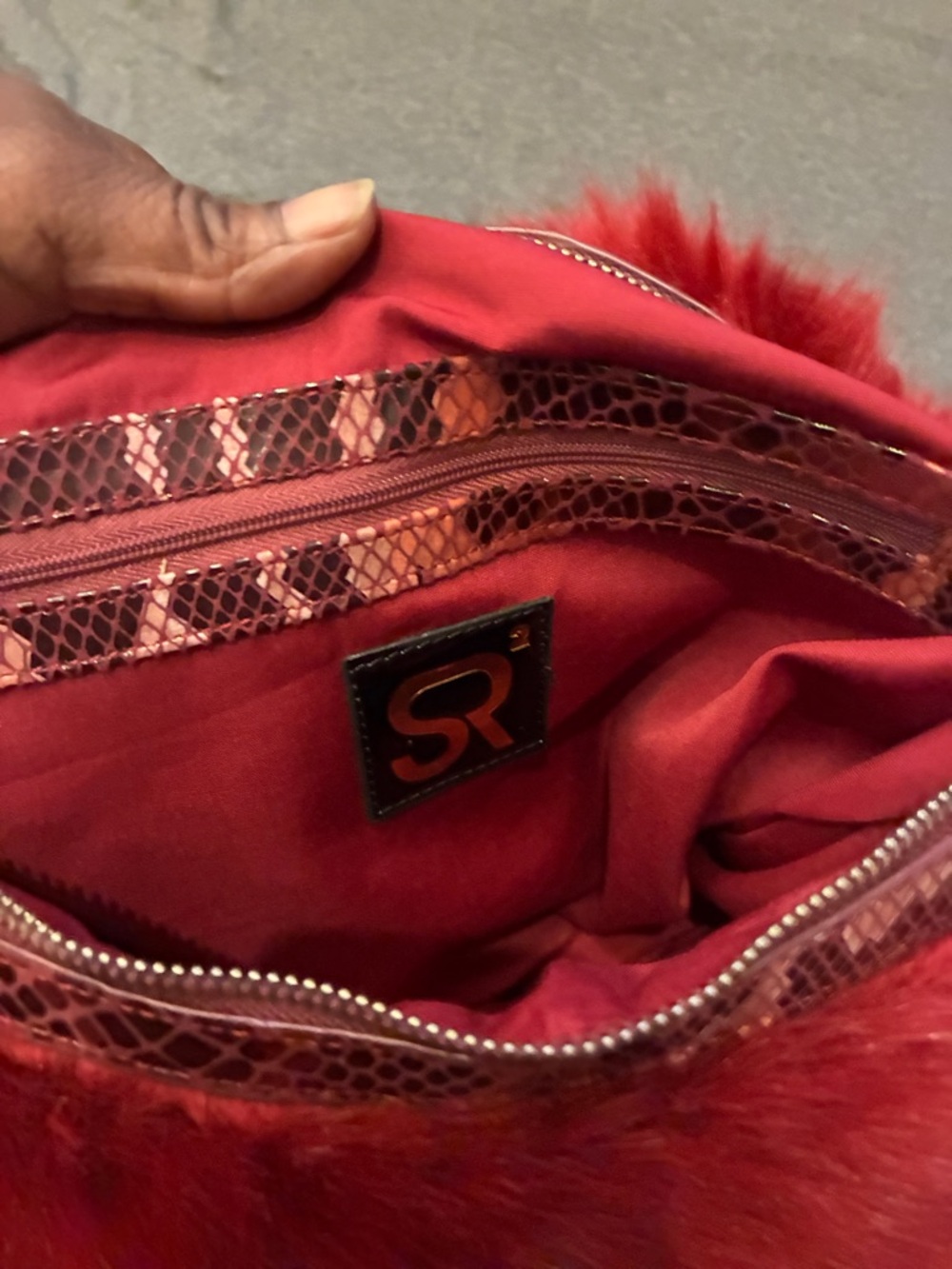 Faux Fur Shoulder Bag in Burgundy - Picture 6 of 6